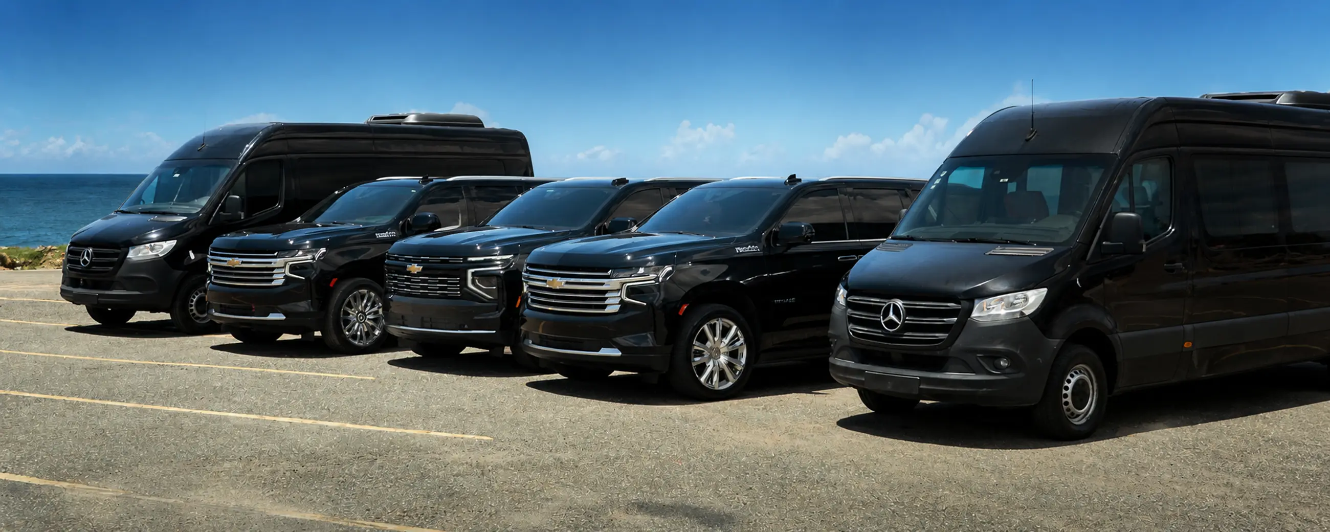 Translux SUVs and passenger vans lined up beside the Dominican coast